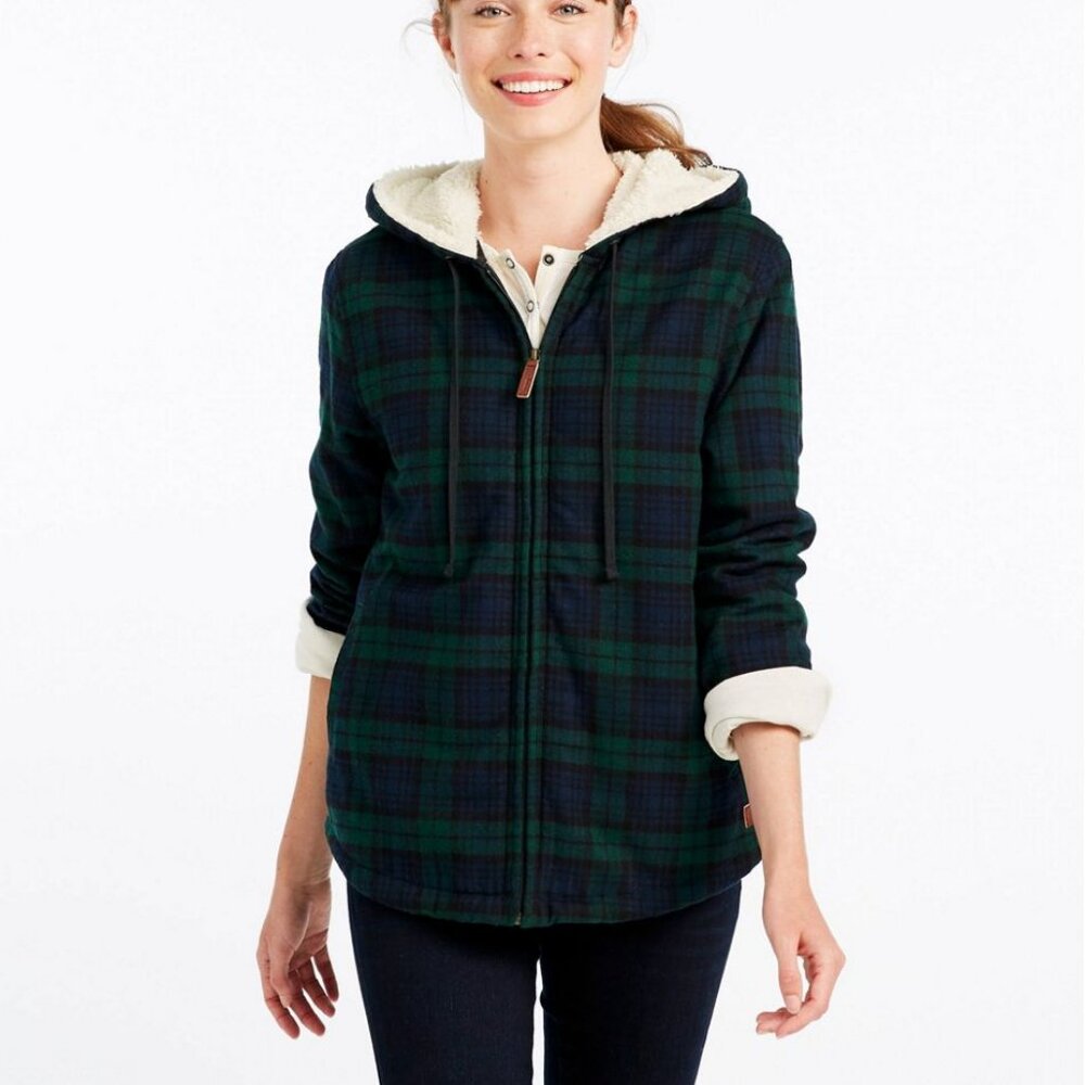 L.L. Bean Women's Scotch Plaid Flannel Sherpa-Lined Zip Hoodie - Green/Blue